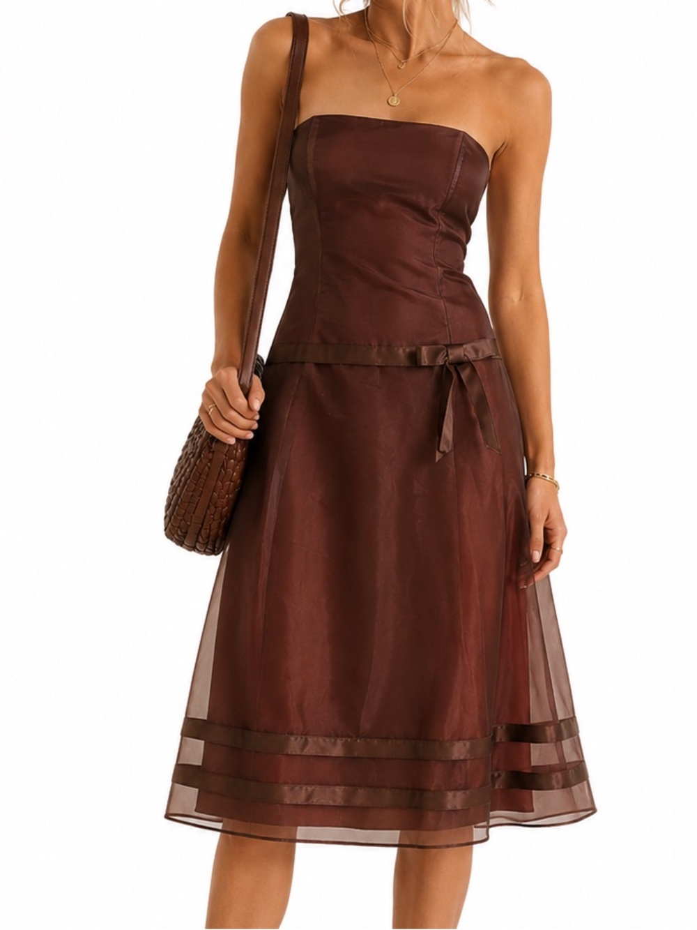 VINTAGE 90s Formal Dress Strapless A-Line Brown Satin with Bow | Made in USA